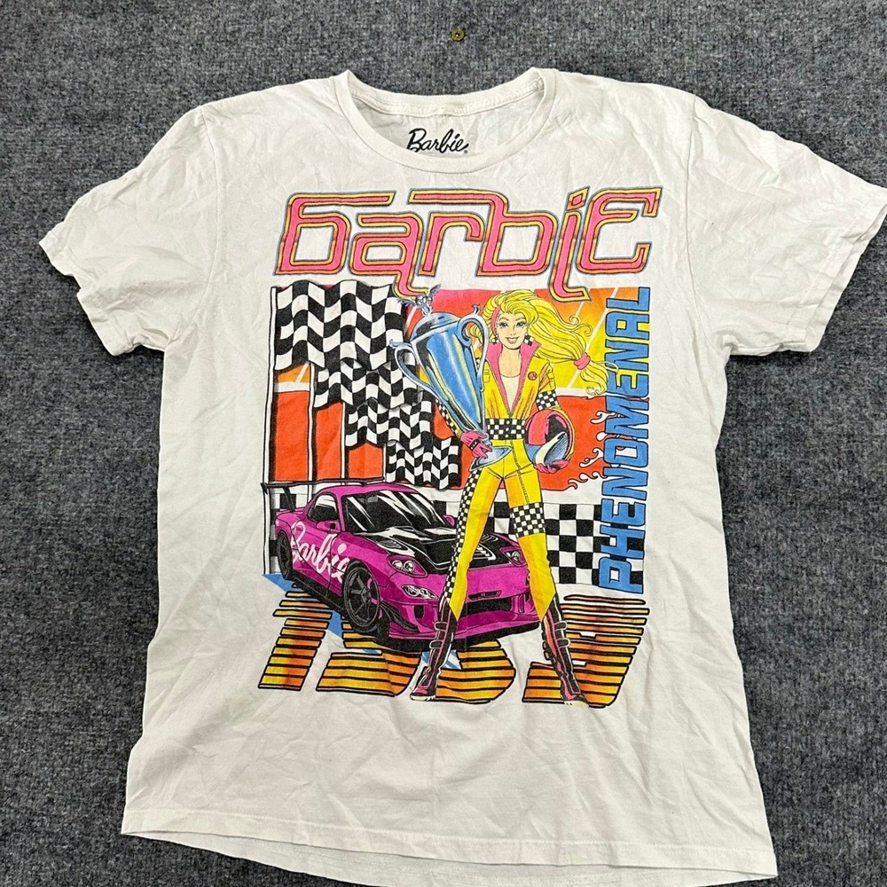 Barbie T-Shirt Womens Size M White Racing Phenomenal Graphic Cotton Short Sleeve